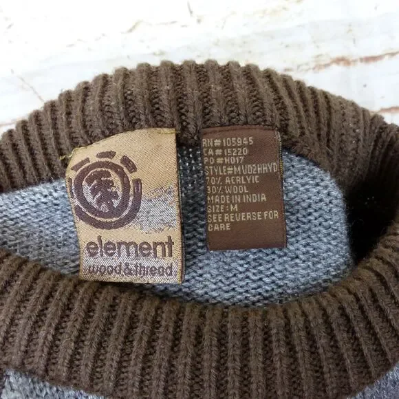 Element Skateboards Sweater Mens M Brown Gray Spell Out Logo Wool Knit Crew Y2K - Picture 9 of 10